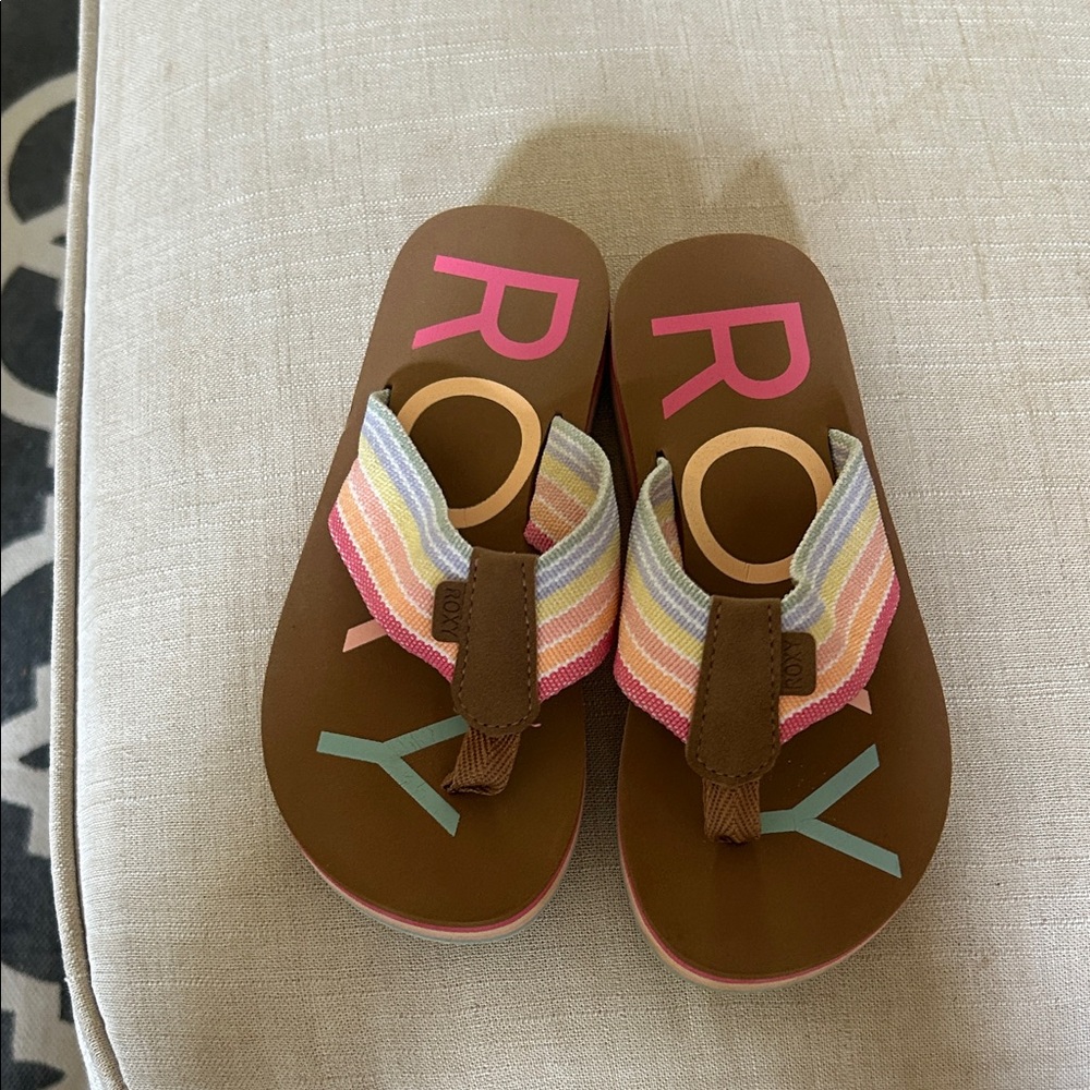 Roxy Brown Kids Sandals with Pastel Rainbow Straps